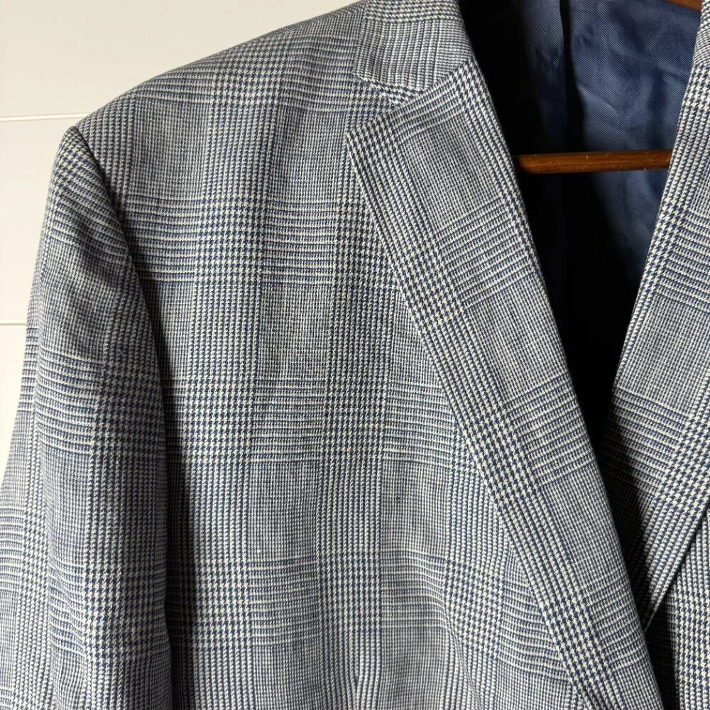 Lauren Ralph Lauren Men's Blue White Plaid 100% Linen Blazer Sz 52R